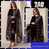 zab952 3-Piece Unstitched Heavy Embroidered Velvet Suit ( Four Sided Embroidered Organza Dupatta )