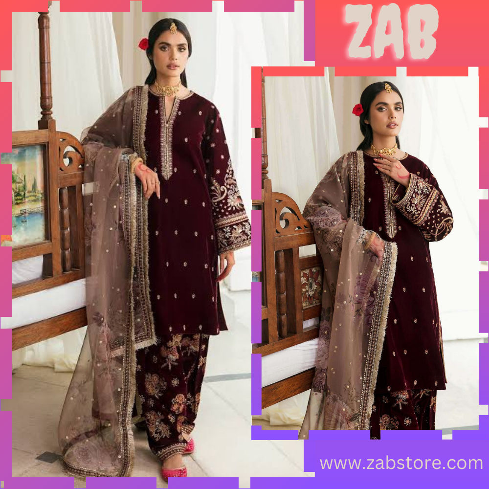zab951 3-Piece Unstitched Heavy Embroidered Velvet Suit ( Digital Printed Organza Dupatta )