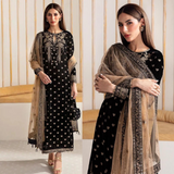 zab963 Winter Unstitched 3PCs Embroidered Velvet Dress With Embroidered Organza Dupatta