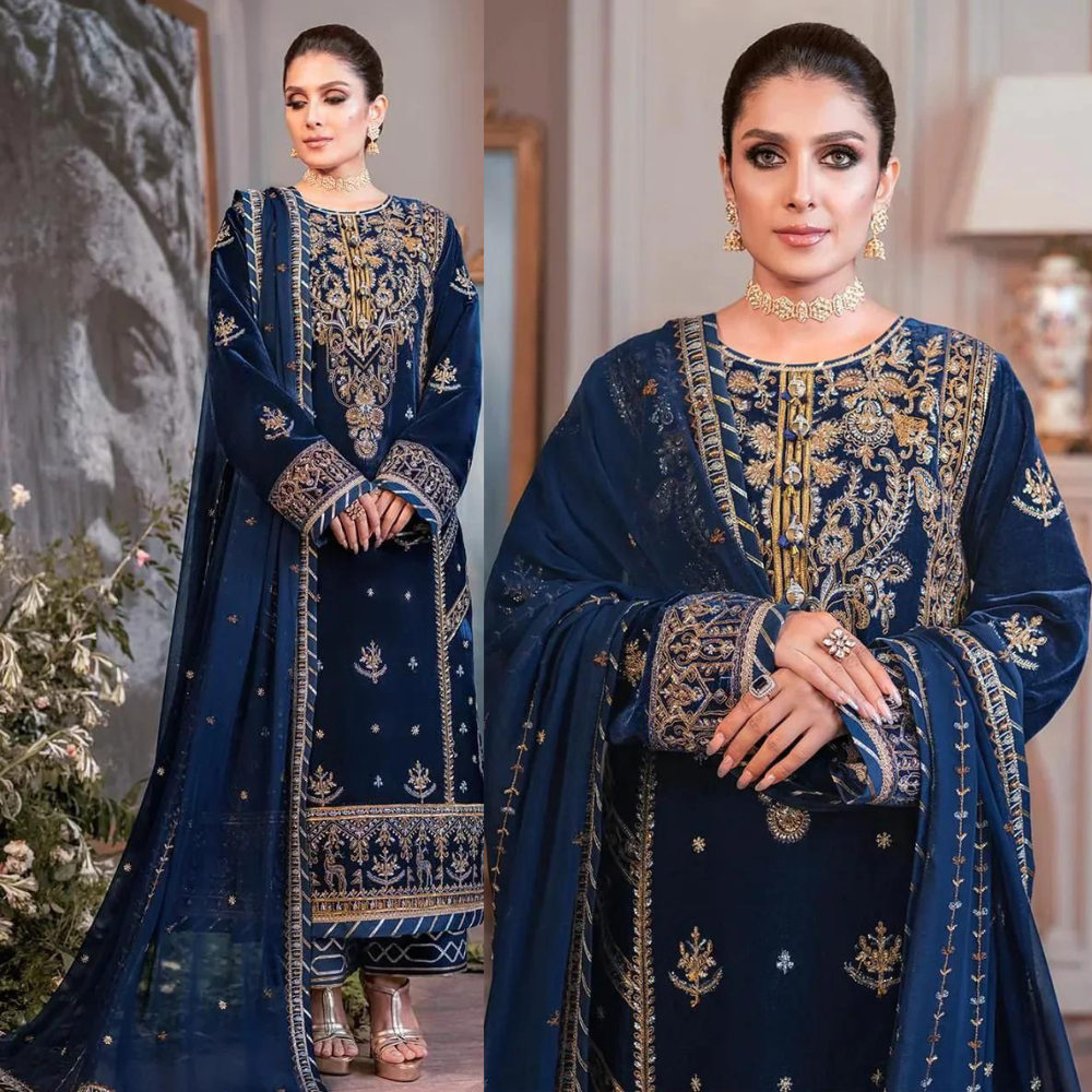 zab959 Winter Unstitched 3PCs Embroidered Velvet With Embroidered Chiffon Dupatta