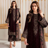 zab961 Winter Unstitched 3PCs Velvet Embroidered Dress With Embroidered Organza Dupatta