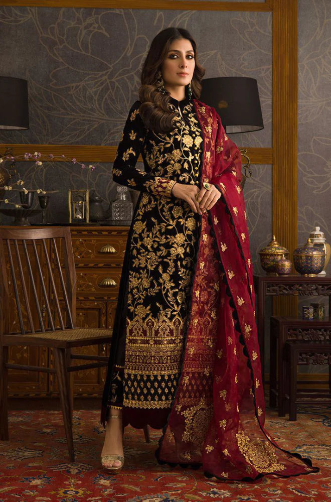 Zab299 3PC Velvet Heavy Embroidered Shirt With Organza Heavy Embroidered Dupatta