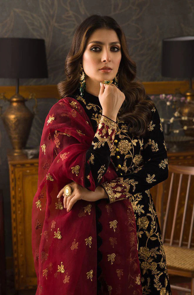 Zab299 3PC Velvet Heavy Embroidered Shirt With Organza Heavy Embroidered Dupatta