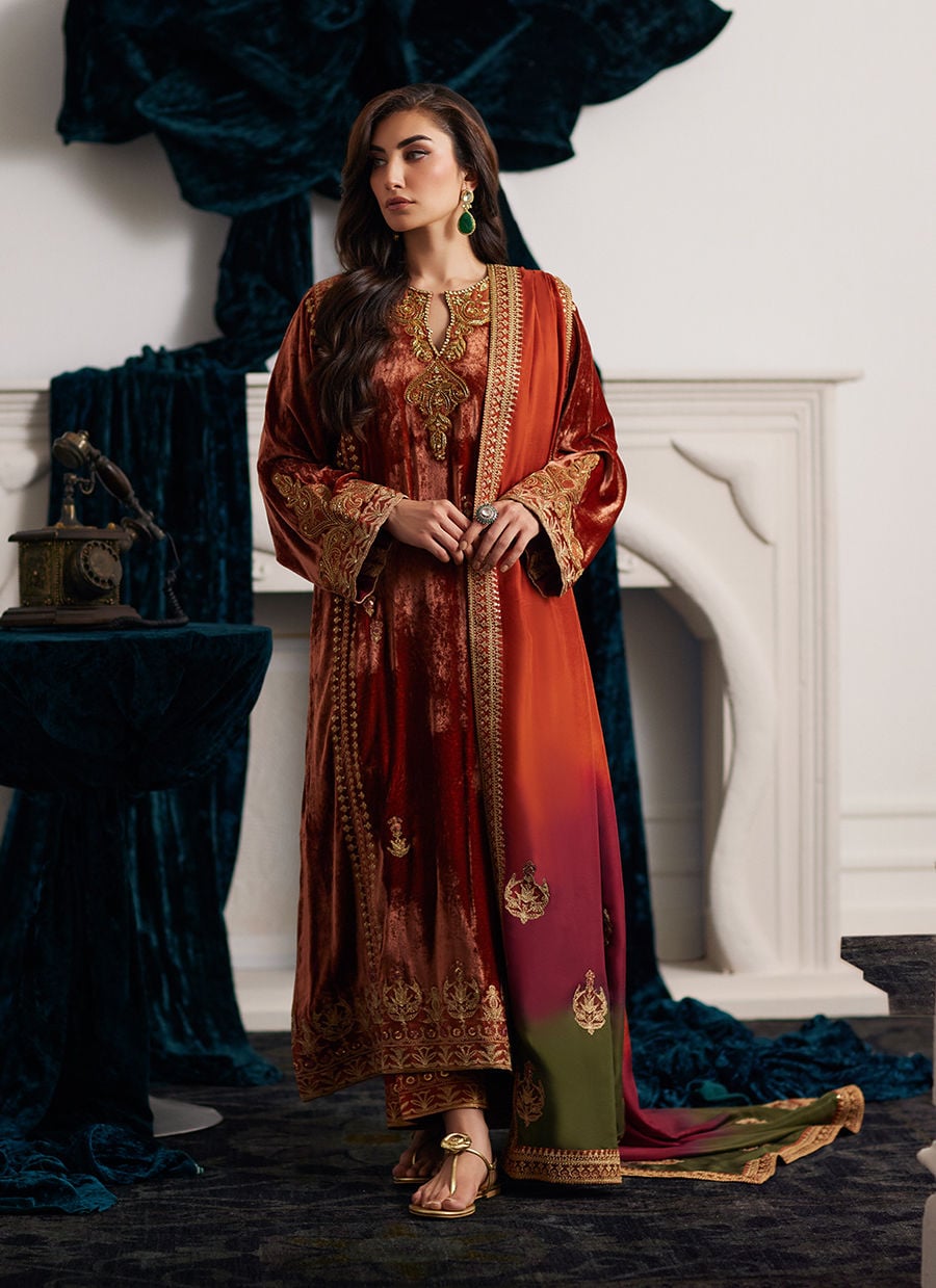 ZAB Embroidered Velvet Dress with Embroidered Karandi Shawl - zab941