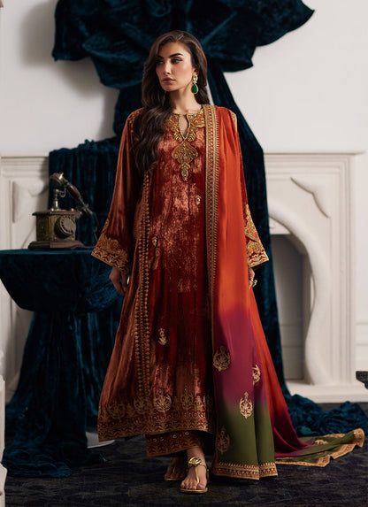 ZAB Embroidered Velvet Dress with Embroidered Karandi Shawl - zab941