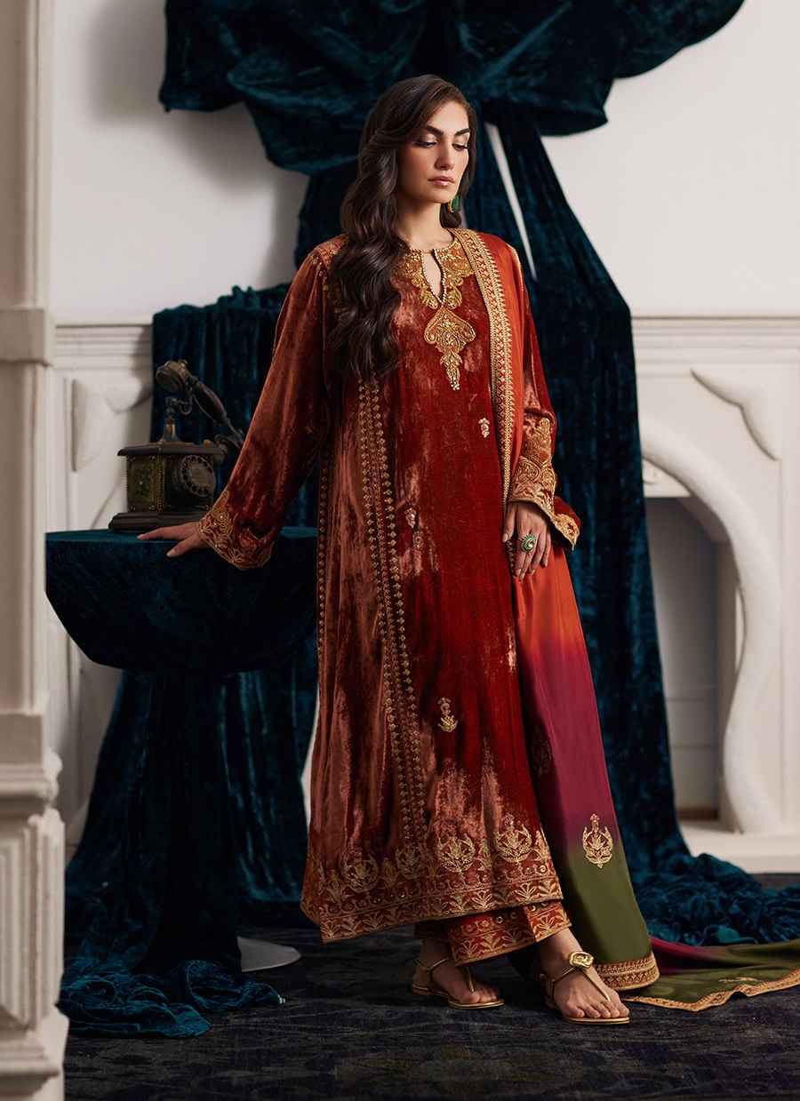 ZAB Embroidered Velvet Dress with Embroidered Karandi Shawl - zab941