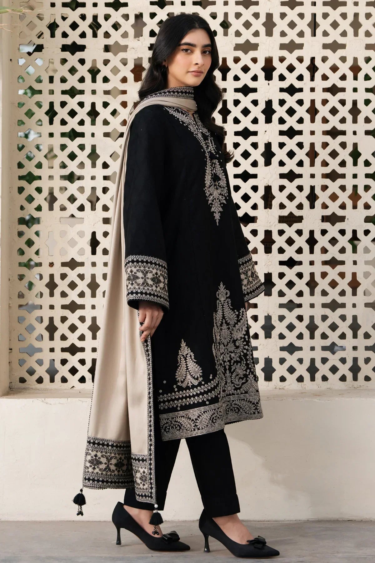 JAZMIN - 3PC DHANAK EMBROIDERED SHIRT WITH DHANAK EMBROIDERED SHAWL AND TROUSER - zab1202