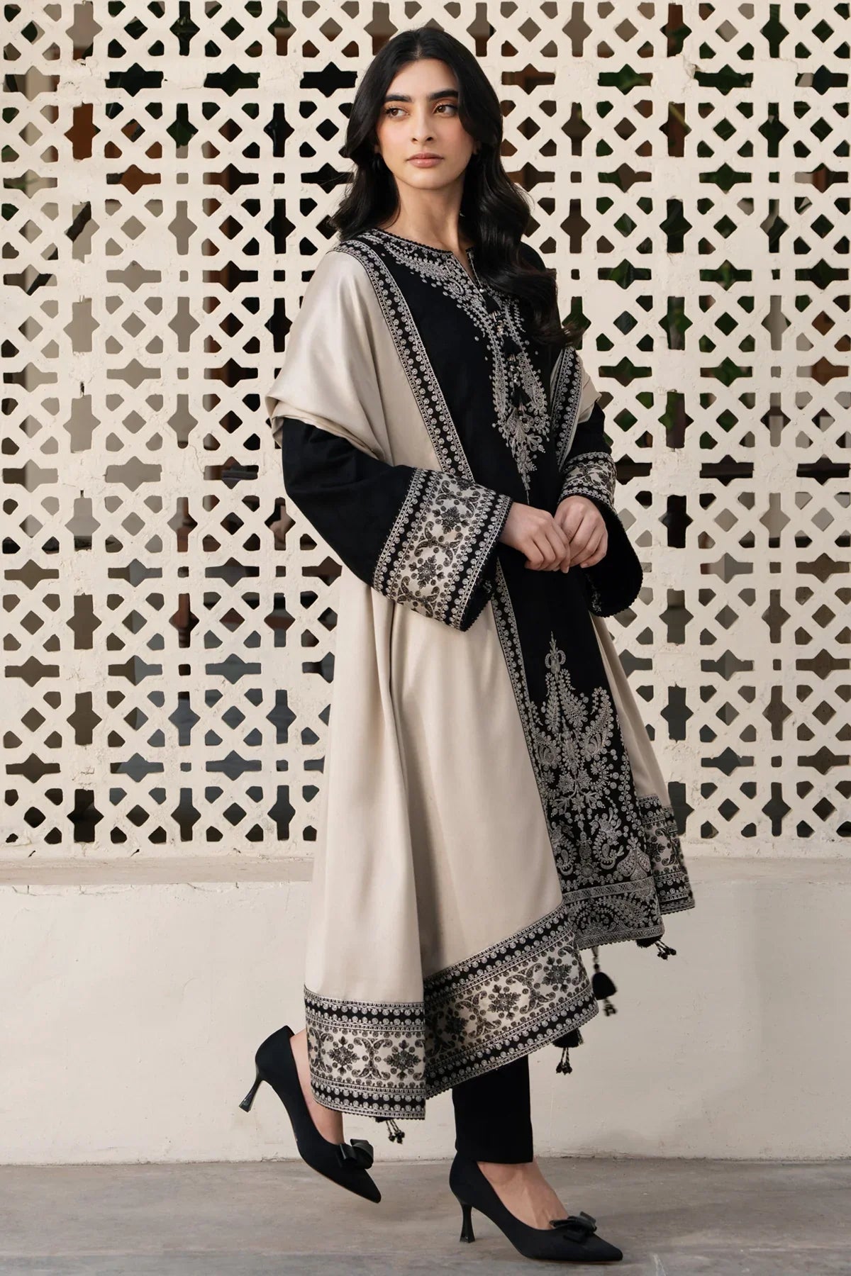 JAZMIN - 3PC DHANAK EMBROIDERED SHIRT WITH DHANAK EMBROIDERED SHAWL AND TROUSER - zab1202