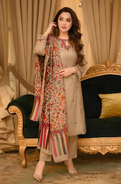 Bunnai - 3PC Dhanak Embroidered Shirt With Wool Printed Dupatta and Trouser - zab1508