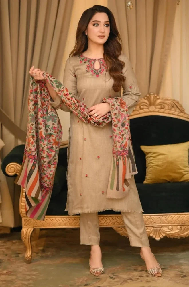 Bunnai - 3PC Dhanak Embroidered Shirt With Wool Printed Dupatta and Trouser - zab1508