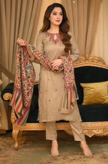 Bunnai - 3PC Dhanak Embroidered Shirt With Wool Printed Dupatta and Trouser - zab1508