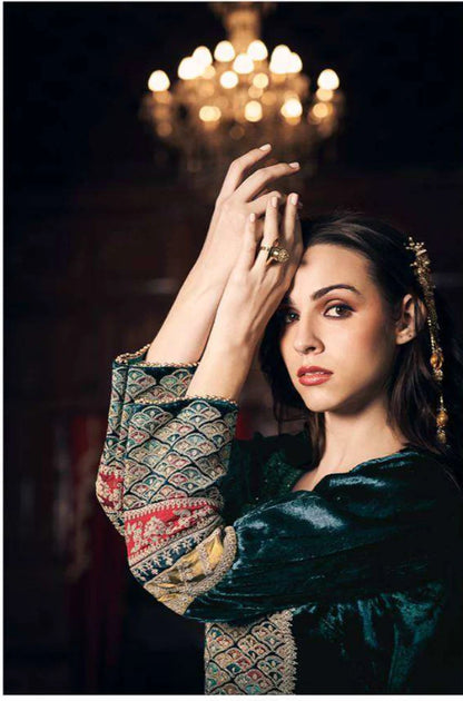 Aiqa Frock style - Winter 3PC Velvet Embroidered Suit - zab942
