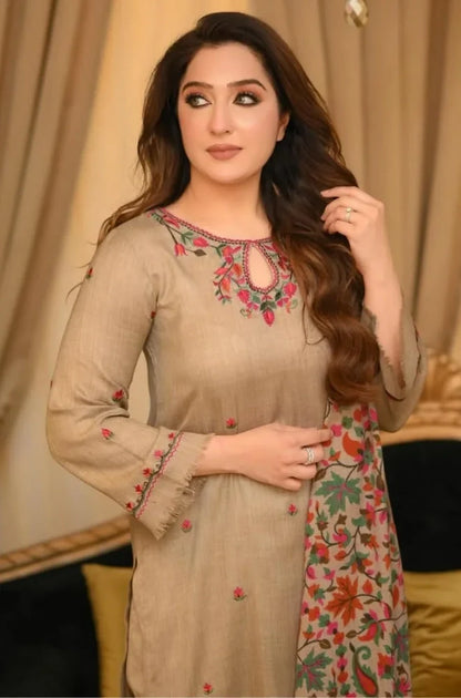 Bunnai - 3PC Dhanak Embroidered Shirt With Wool Printed Dupatta and Trouser - zab1508