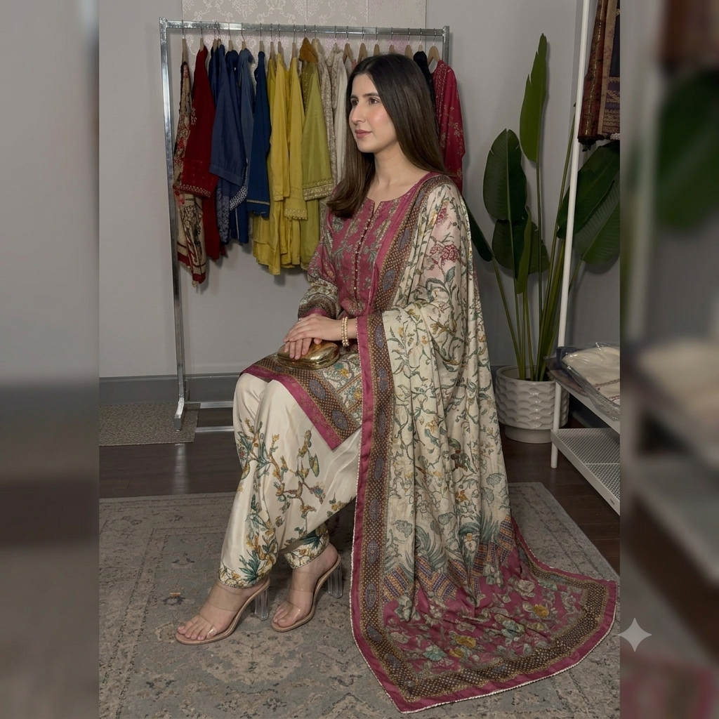 Aneela's 3PCS UNSTITCHED SUIT FABRIC Digtal printed Silk - zab1493