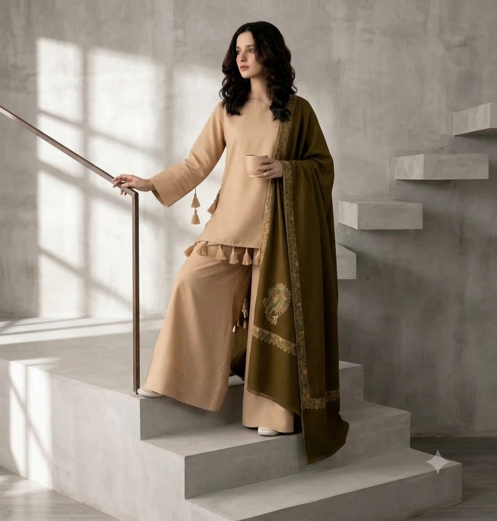Premium Beige & Olive Green 3-Piece Unstitched Suit with Printed Shawl - zab1516