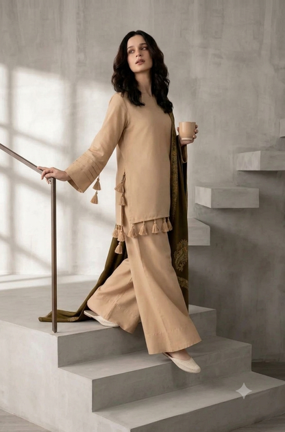 Premium Beige & Olive Green 3-Piece Unstitched Suit with Printed Shawl - zab1516
