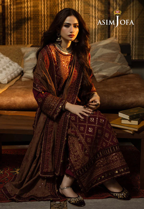 Asim Jofa, unstitched 3 piece Dhanak sequence embroidered suit - zab1257