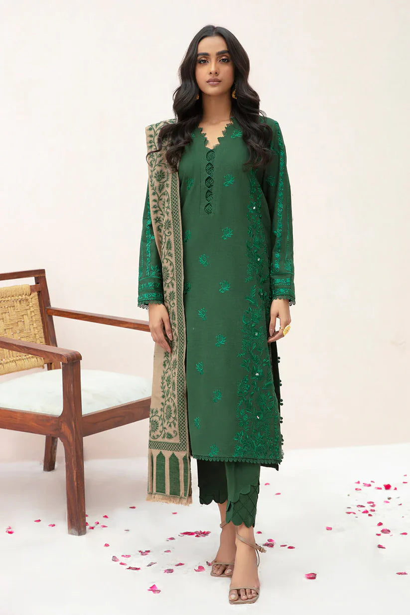 zab823 3PC Winter Dhannak Embroidered suit with Printed Shawll