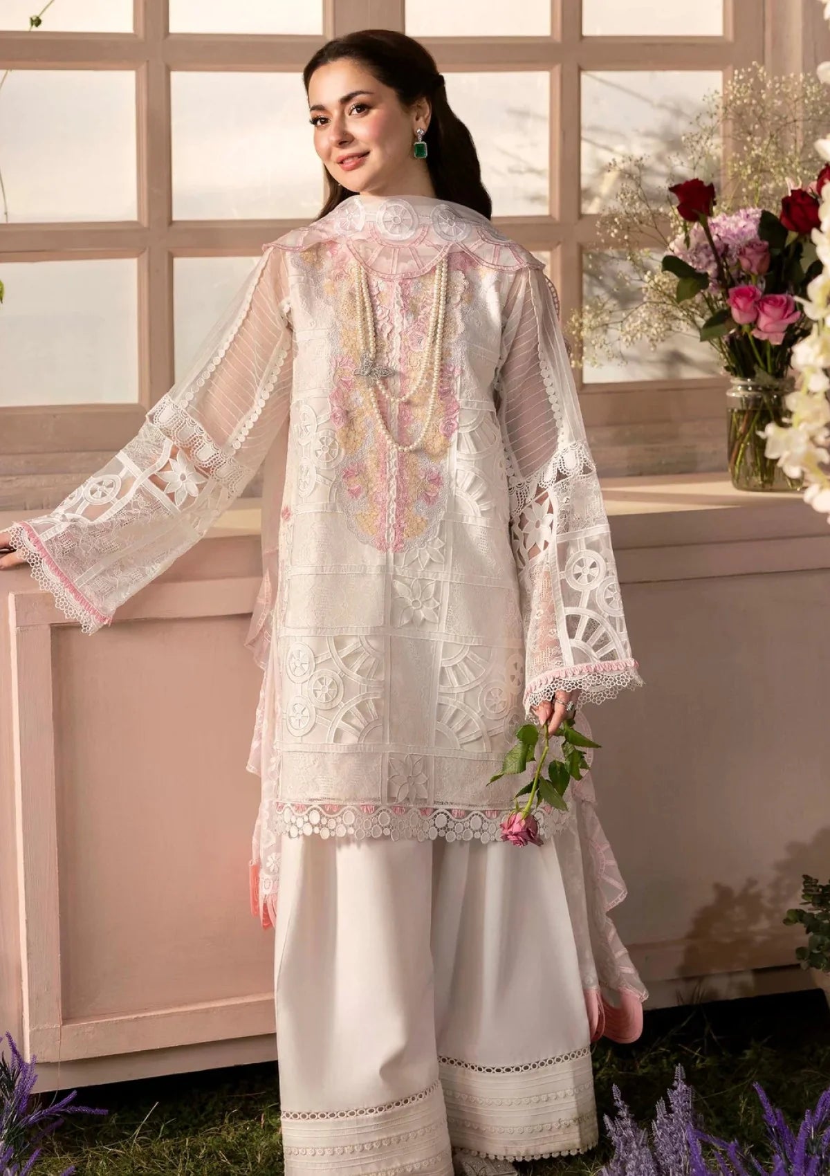 Crimson - 3PC Organza HEAVY CHIKENKARI EMBROIDERED SUIT - zab1279
