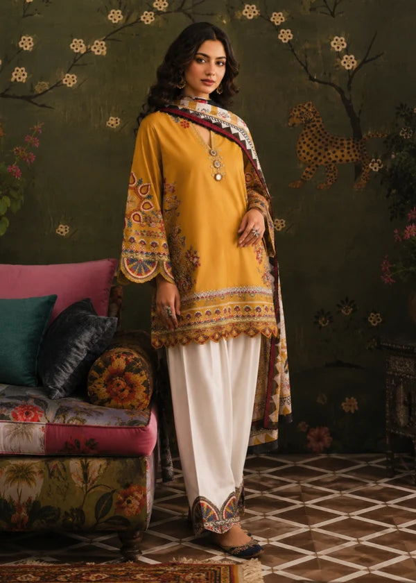 ETHNIC - 03 PCS UNSTITCHED Dhank Embroidered Suit - zab1538