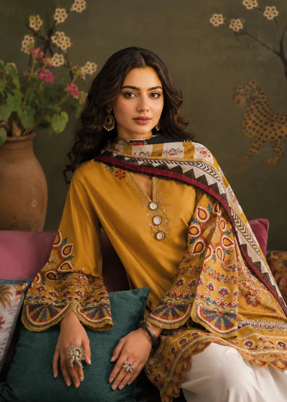ETHNIC - 03 PCS UNSTITCHED Dhank Embroidered Suit - zab1538