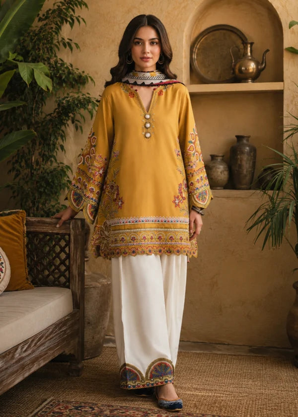 ETHNIC - 03 PCS UNSTITCHED Dhank Embroidered Suit - zab1538
