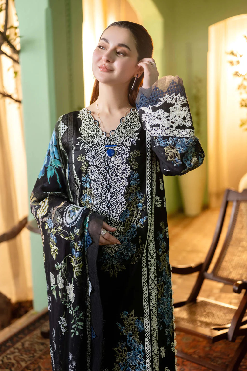 JADE-3PC DHANAK EMBROIDERED SHIRT WITH COUTRAI PRINT SHAWL - zab1250