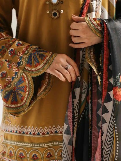 ETHNIC - 03 PCS UNSTITCHED Dhank Embroidered Suit - zab1538