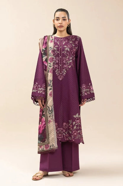 Beechtree - 3PC Dhanak Embroidered Shirt With Chiffon Printed Dupatta and Trouser - zab1514