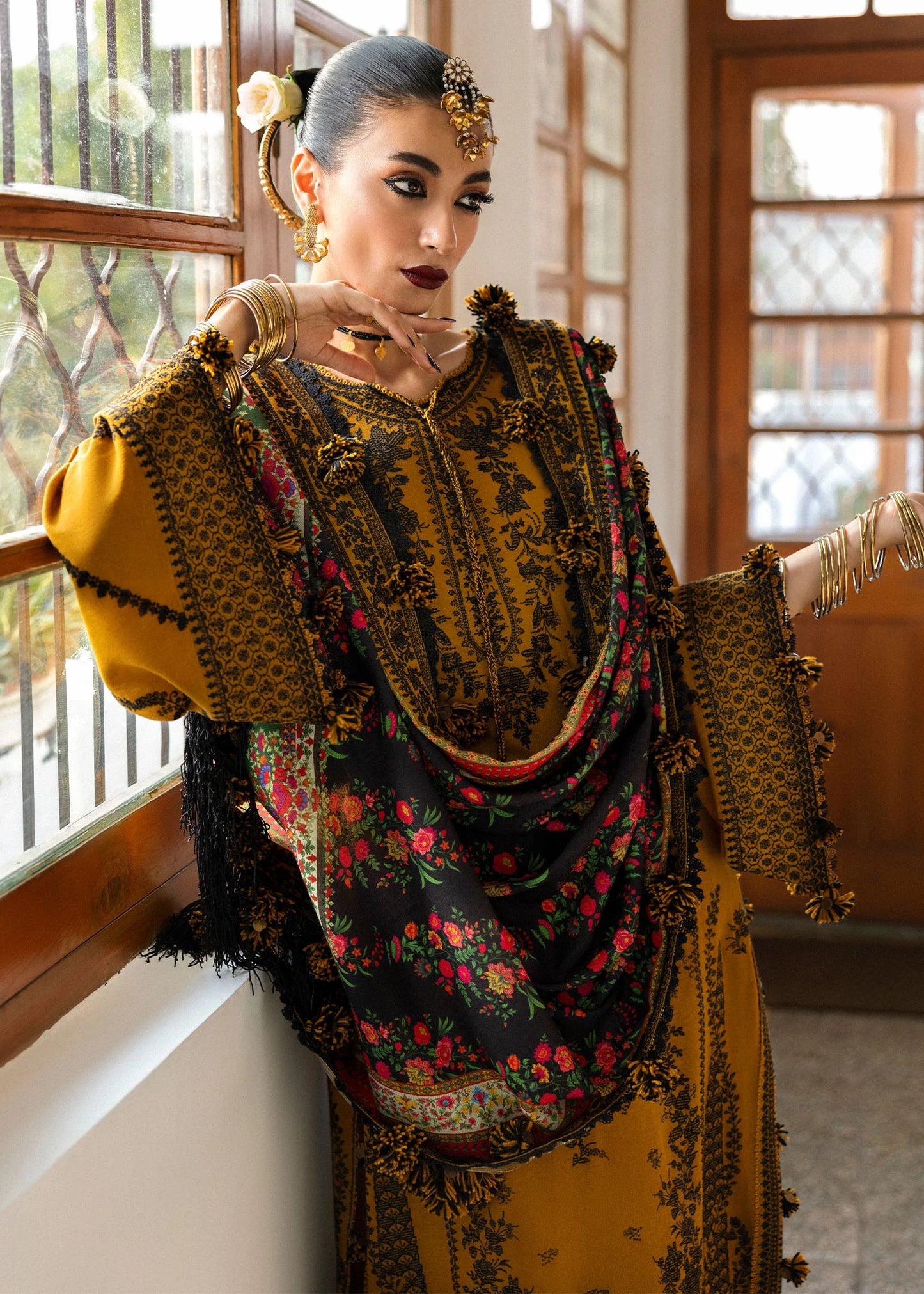 Hussain Rehar -3PC DHANAK EMBROIDERED SHIRT WITH COURTRAI WOOL PRINT SHAWL - zab1274