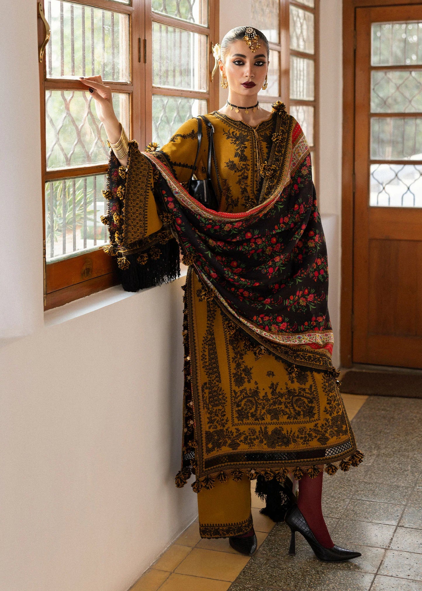Hussain Rehar -3PC DHANAK EMBROIDERED SHIRT WITH COURTRAI WOOL PRINT SHAWL - zab1274