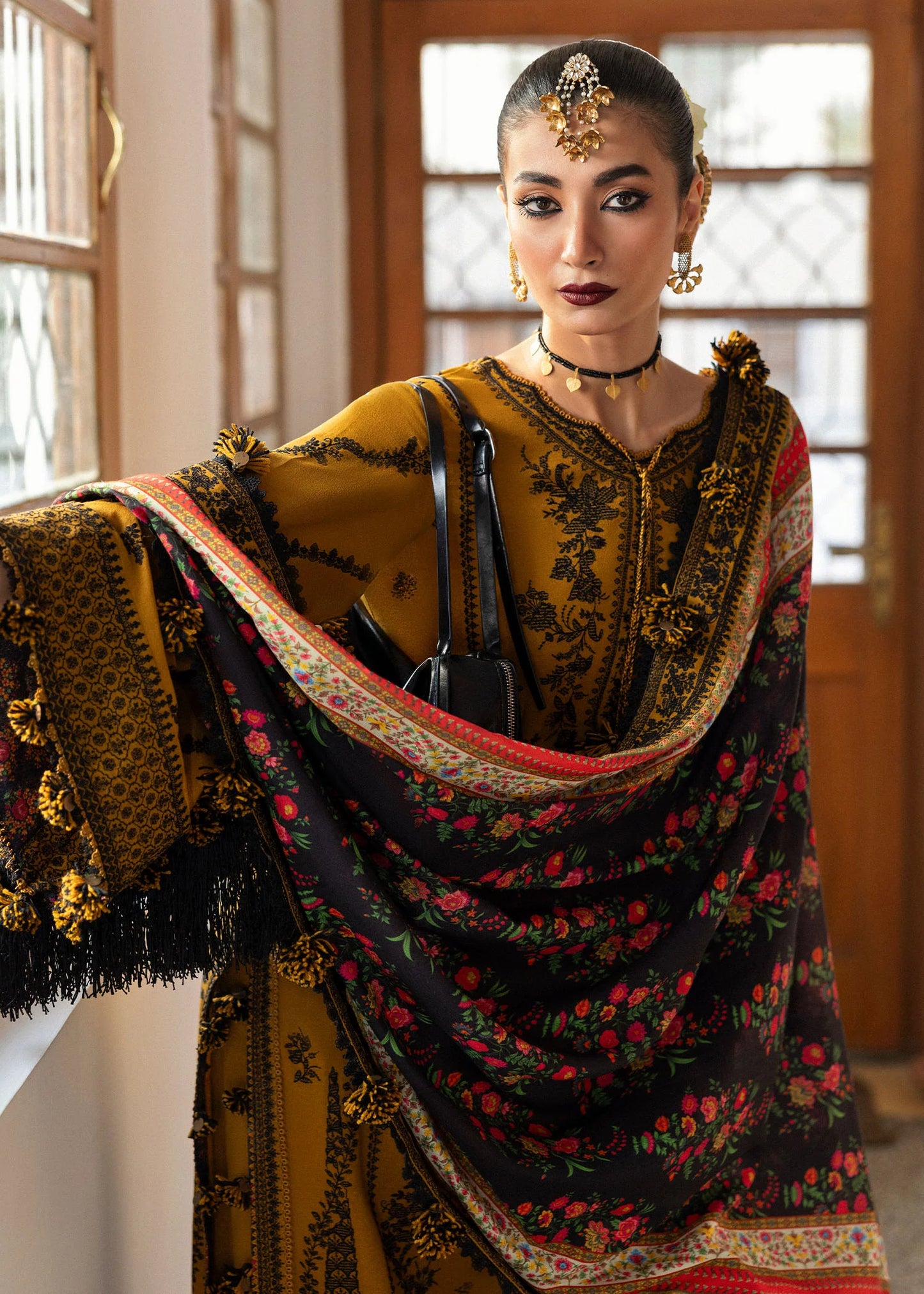 Hussain Rehar -3PC DHANAK EMBROIDERED SHIRT WITH COURTRAI WOOL PRINT SHAWL - zab1274