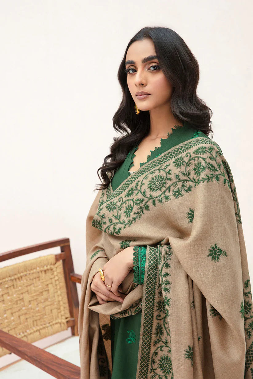 zab823 3PC Winter Dhannak Embroidered suit with Printed Shawll