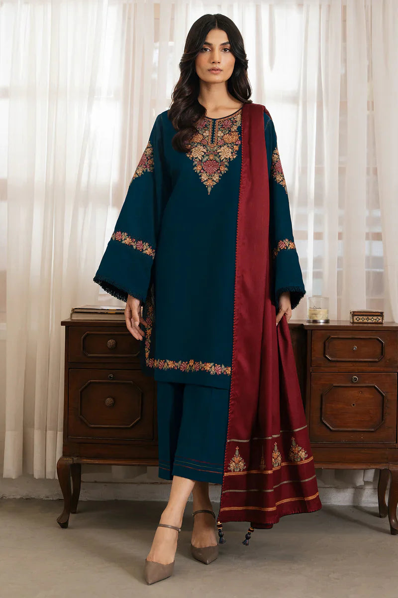 3PC Dhanak suit with Embroidered Shawl - zab1112