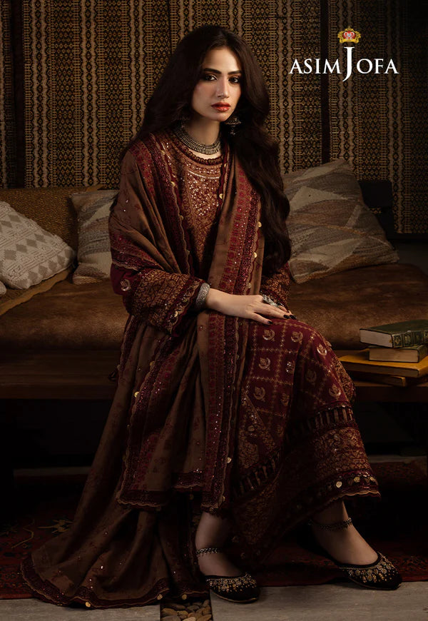 Asim Jofa, unstitched 3 piece Dhanak sequence embroidered suit - zab1257