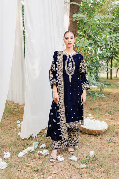 3PCs Velvet Embroidered Dress With Velvet Embroidered Shawl - zab967