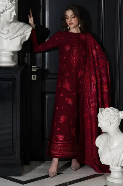 Zaib - 3PC Dhanak Embroidered Shirt With Wool Printed Dupatta and Trouser - zab1554