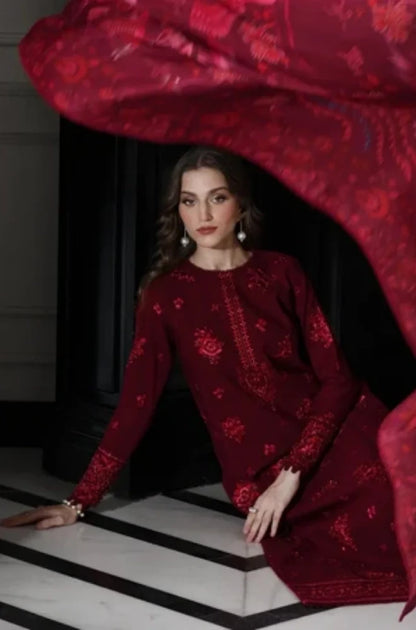 Zaib - 3PC Dhanak Embroidered Shirt With Wool Printed Dupatta and Trouser - zab1554