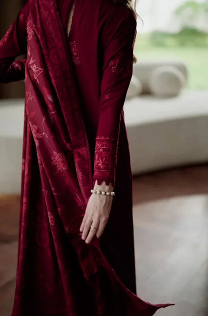 Zaib - 3PC Dhanak Embroidered Shirt With Wool Printed Dupatta and Trouser - zab1554