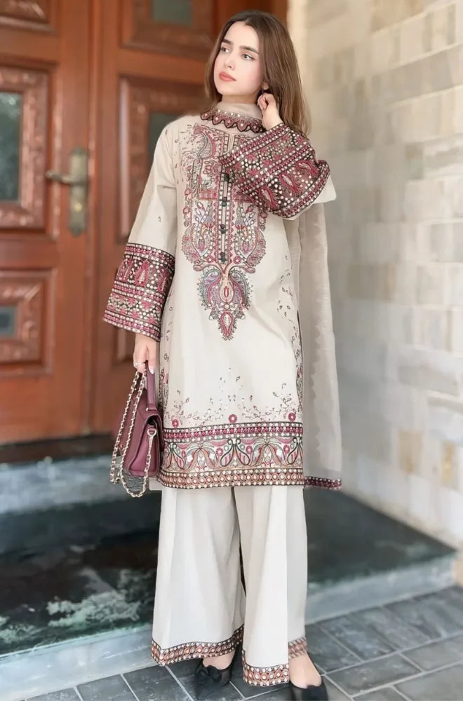 Maria .B. - Winter 3PC Dhanak Chickenkari Embroidered Suit - zab1158