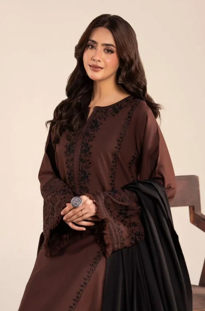 Lazuli - 3PC Dhanak Embroidered Shirt With Wool Embroidered Dupatta and Trouser - zab1513