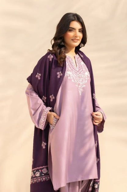 3PC Dhanak Embroidered Shirt With Wool Embroidered Dupatta and Trouser - zab1512