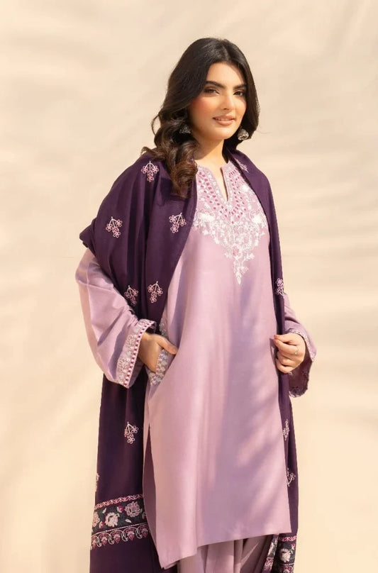 3PC Dhanak Embroidered Shirt With Wool Embroidered Dupatta and Trouser - zab1512