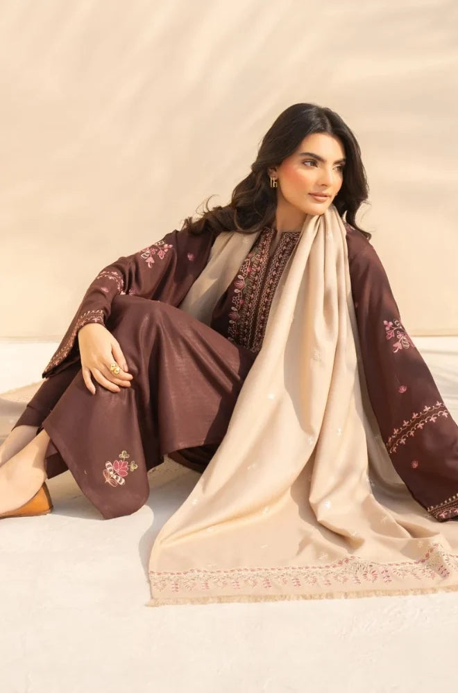 3PC Dhanak Embroidered Shirt With Wool Printed Dupatta and Trouser - zab1511