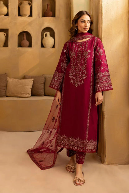3PC Lawn Embroidered Suit with chiffon embroidered dupatta - zab1397