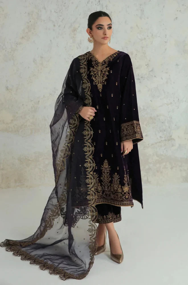 3PCs Velvet Dress With Embroidered Organza Dupatta - zab966
