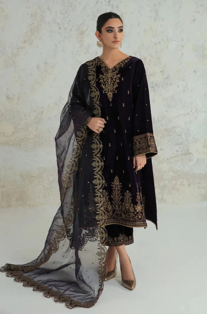 3PCs Velvet Dress With Embroidered Organza Dupatta - zab966