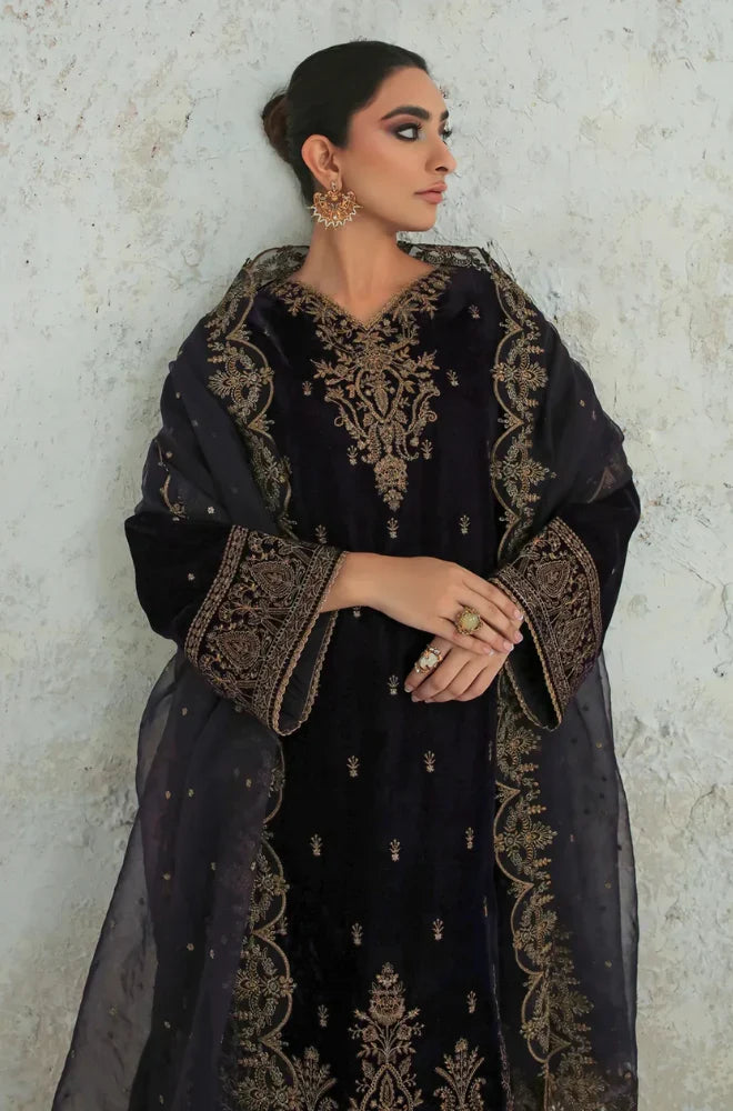 3PCs Velvet Dress With Embroidered Organza Dupatta - zab966