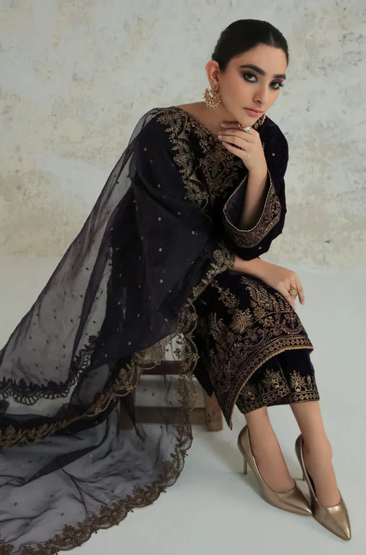 3PCs Velvet Dress With Embroidered Organza Dupatta - zab966
