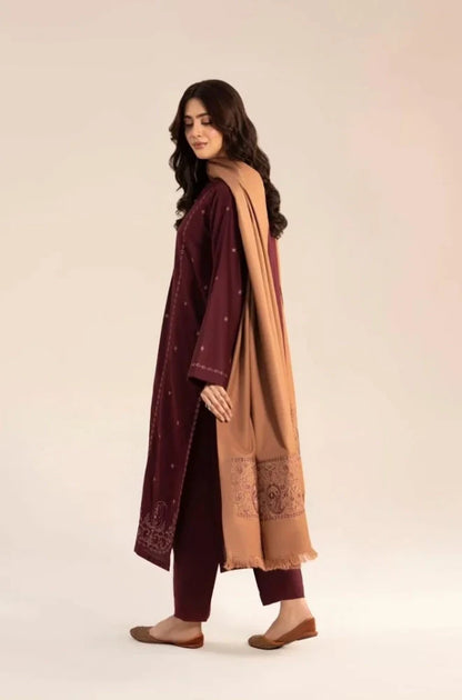 Sapphire - 3PC Dhanak Embroidered Shirt With Wool Embroidered Dupatta and Trouser - zab1510